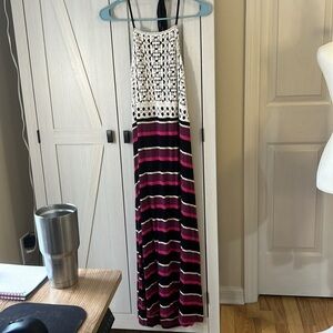 Kensie Women's Striped Halter Mixi Dress with Crochet Lace Sz L